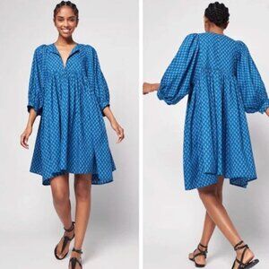 Faherty Lyla 100% Organic Cotton Puff Sleeves Dress In Indigo Gobi Floral